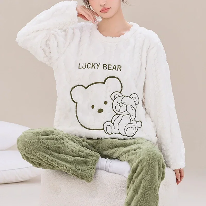 Autumn Winter Flannel Women Pajamas Sets Cute Duck Print Teddy Sleepwear Velvet Pajama Girl Pijamas Mujer Pyjama for Woman