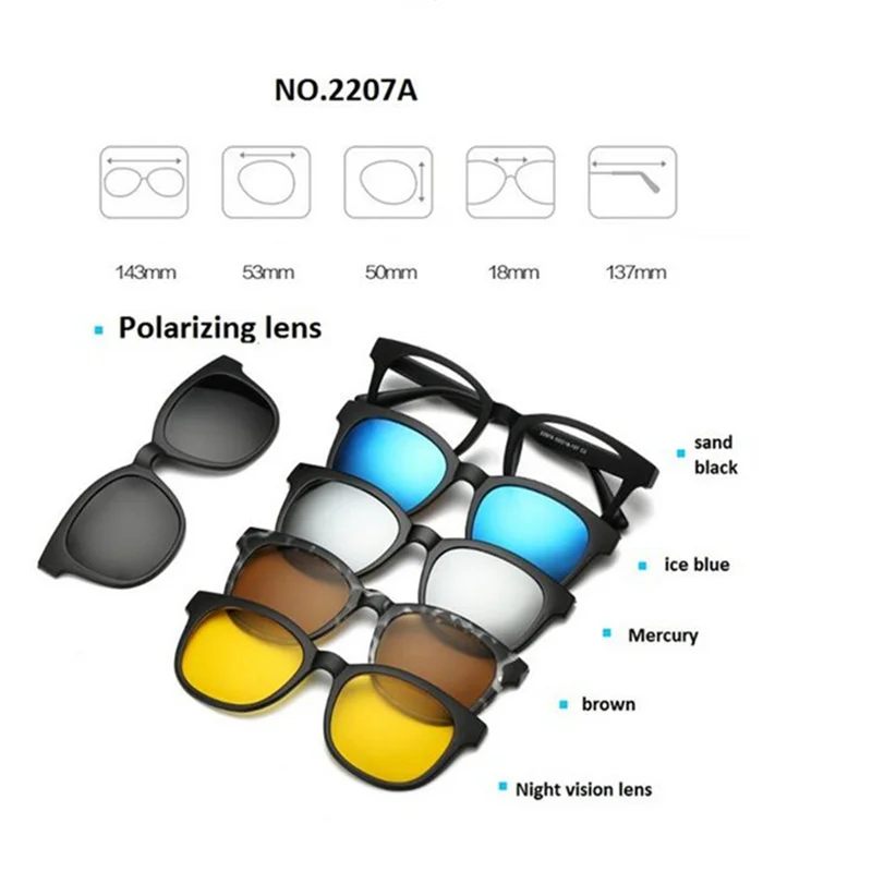 Fashion Myopia Clip Sunglasses Men Women With 5 Clip On Sunglasses Polarized Prescription Glasses 0 -1 -1.5 -2 -2.5 -3 -3.5 -4.0