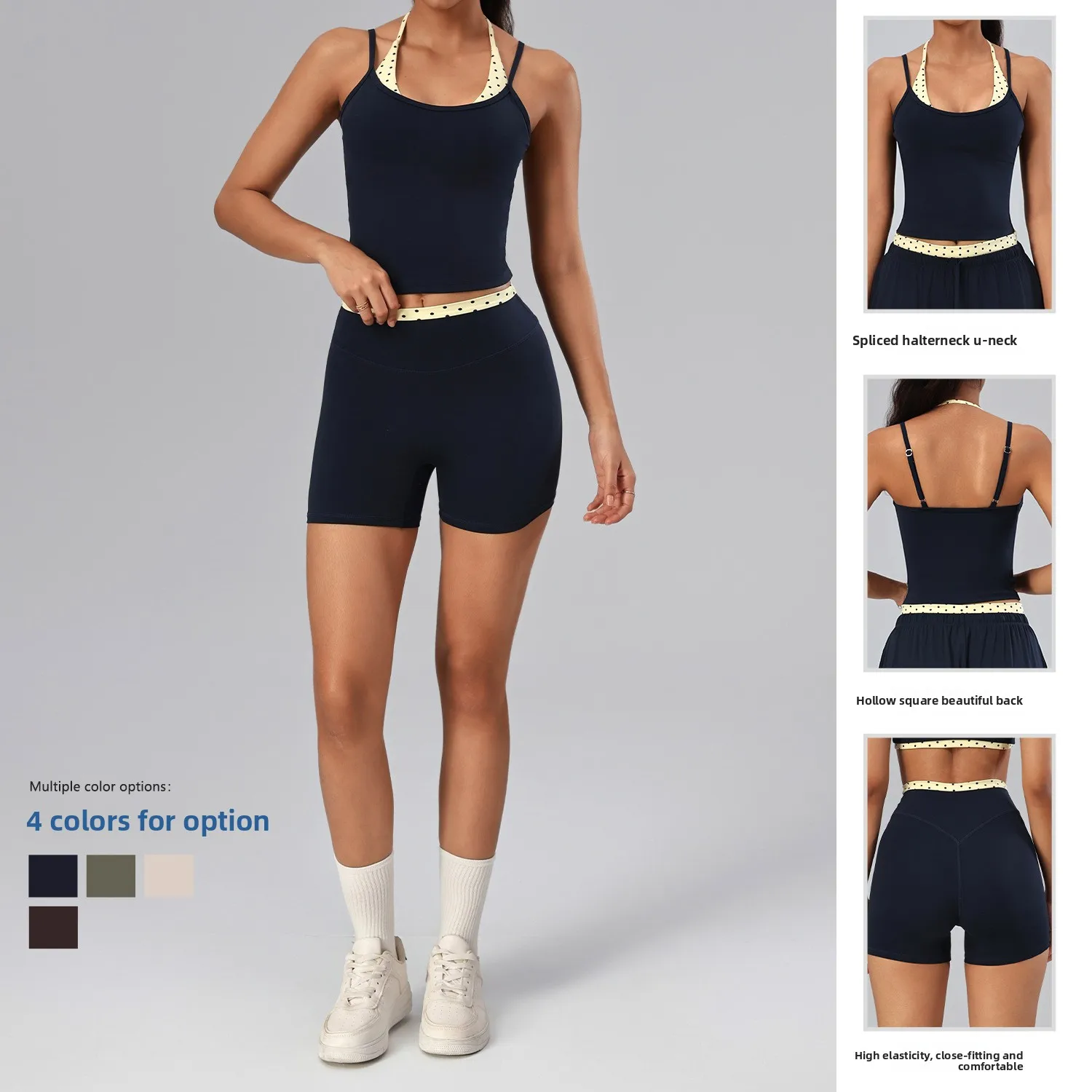 Women Yoga Set Fake Two Piece Halter Polka Dot Longline Cami Tank Top High Waist Bubble Butt Biker Shorts Gym Workout Activewear