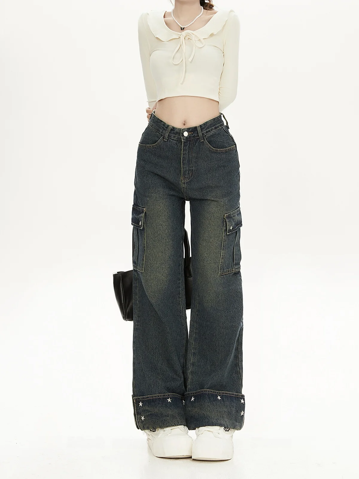 High Waist American High Street Denim Pants Women's Multi Pocket Design Loose Vintage Workwear Trendy Wide Leg Pants