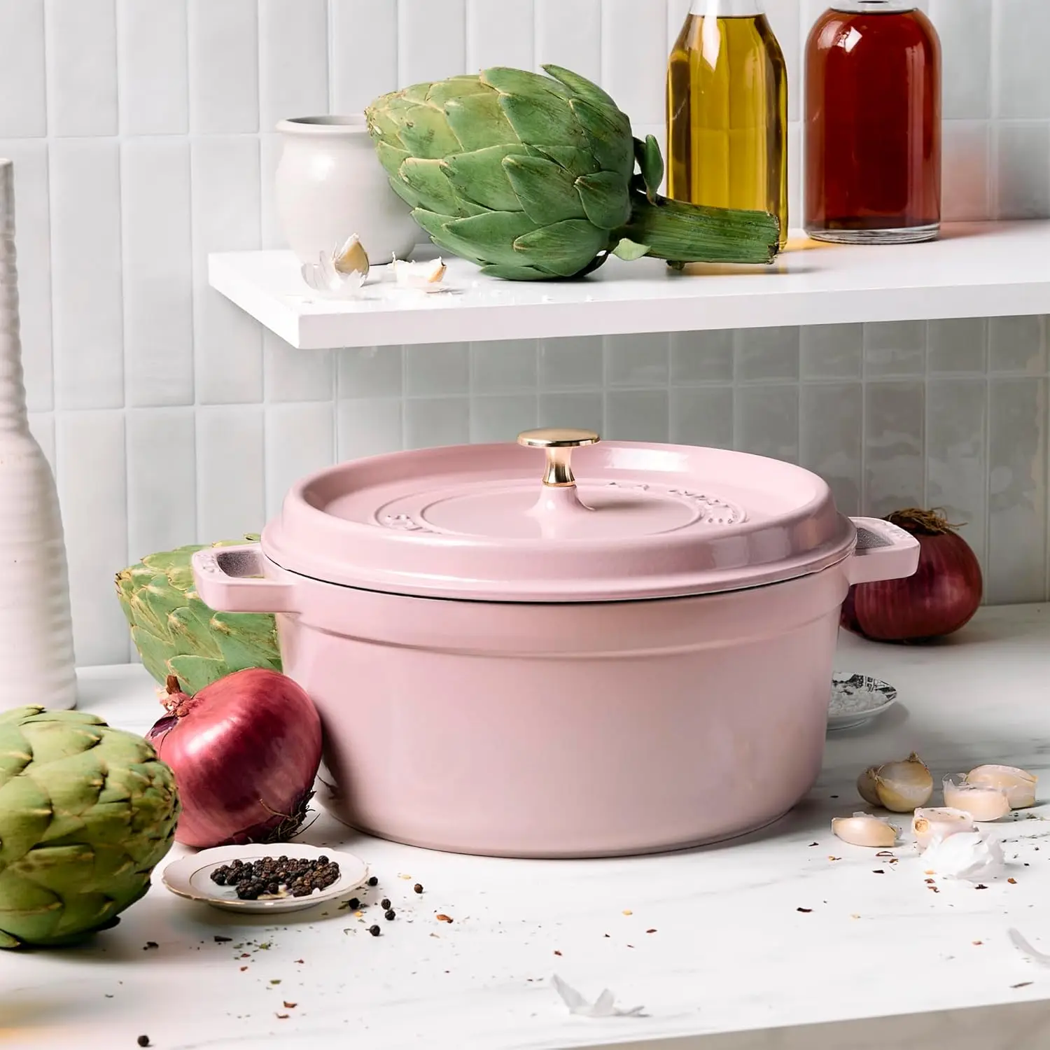 Cast Iron Round Cocotte, Dutch Oven, 5.5-quart, serves 5-6, Made in France, Peony Pink