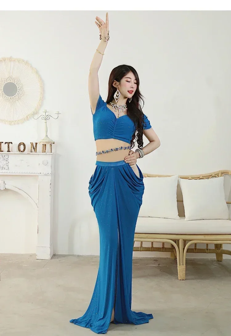 Vrouwen Buikdans Kostuum Watergaren Top Mesh Rok Volwassen Vrouwen Oefenkleding Set Elegante Professionele Prestatiekleding