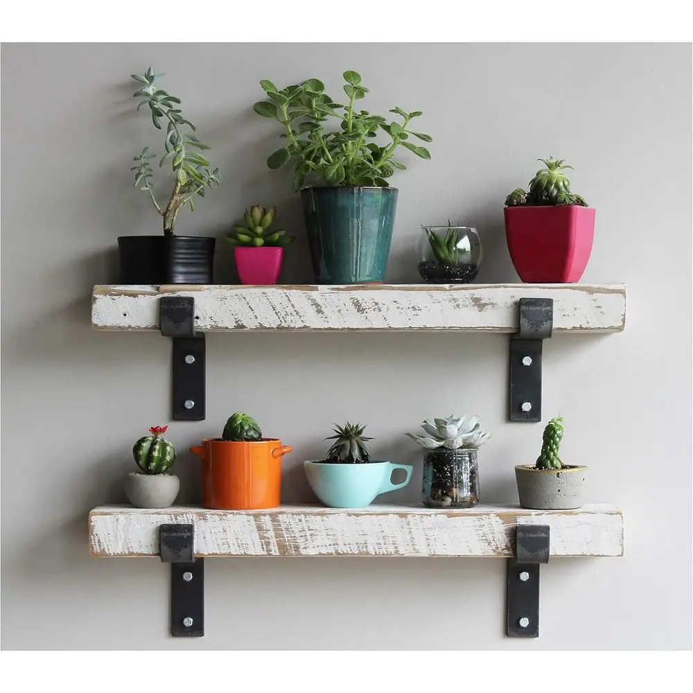 

Reclaimed Wood Floating Shelves | Set of 2 with Brackets (Whitewashed 24x4.5x2)