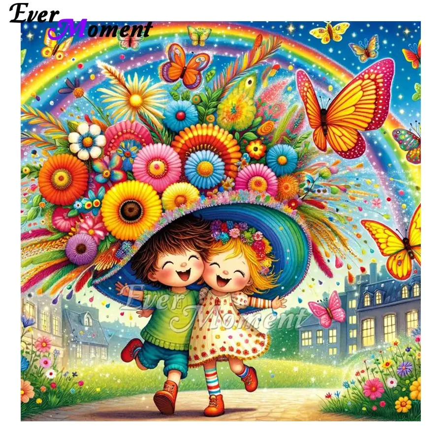 

Ever Moment Confetti Diamond Painting Art Kit DIY 5D Happy Boy and Girl с большим шапкой, украшенным цветами, подарок для ребенка ASF2861