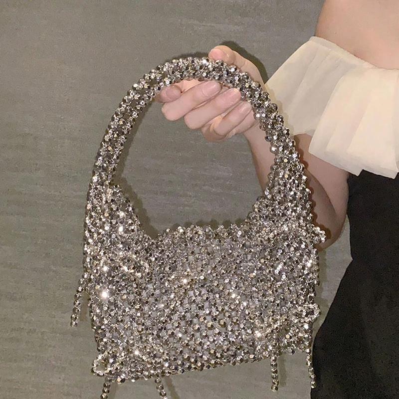 

Women's Glitter Rhein Stone Crystal Evening Bag Shoulder Messenger Wedding Party Clutch Purse String Bucket Design Handmade