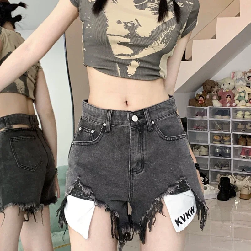 Denim Shorts for Women Pure Ripped Wide-leg Pants Retro Black and Gray