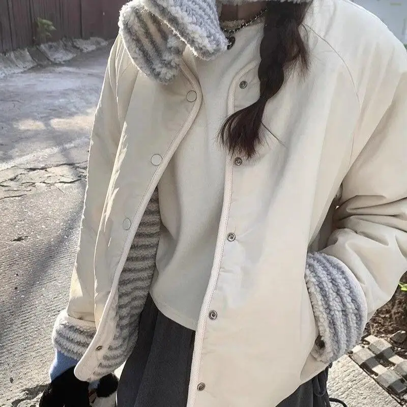 امرأة جولة الرقبة القطن وسادة مبطنة الفتيات أزياء طويلة الأكمام مخطط المخملية وجهين يمكن ارتداؤها معطف الشتاء الملابس هدية جديد #4