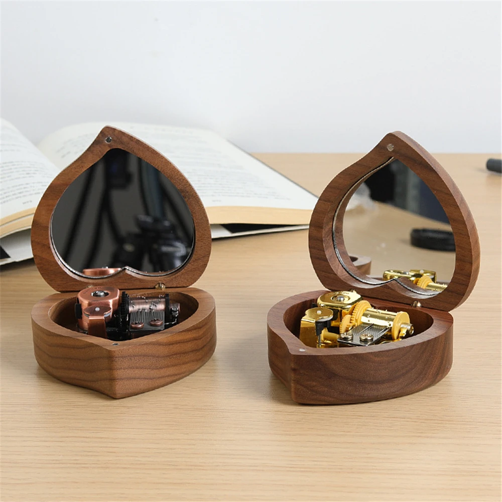 Heart Shape with Mirror Music Box DIY Walnut Wood Clockwork Musical Box Can't Help Falling in Love Little Star Birthday Gifts