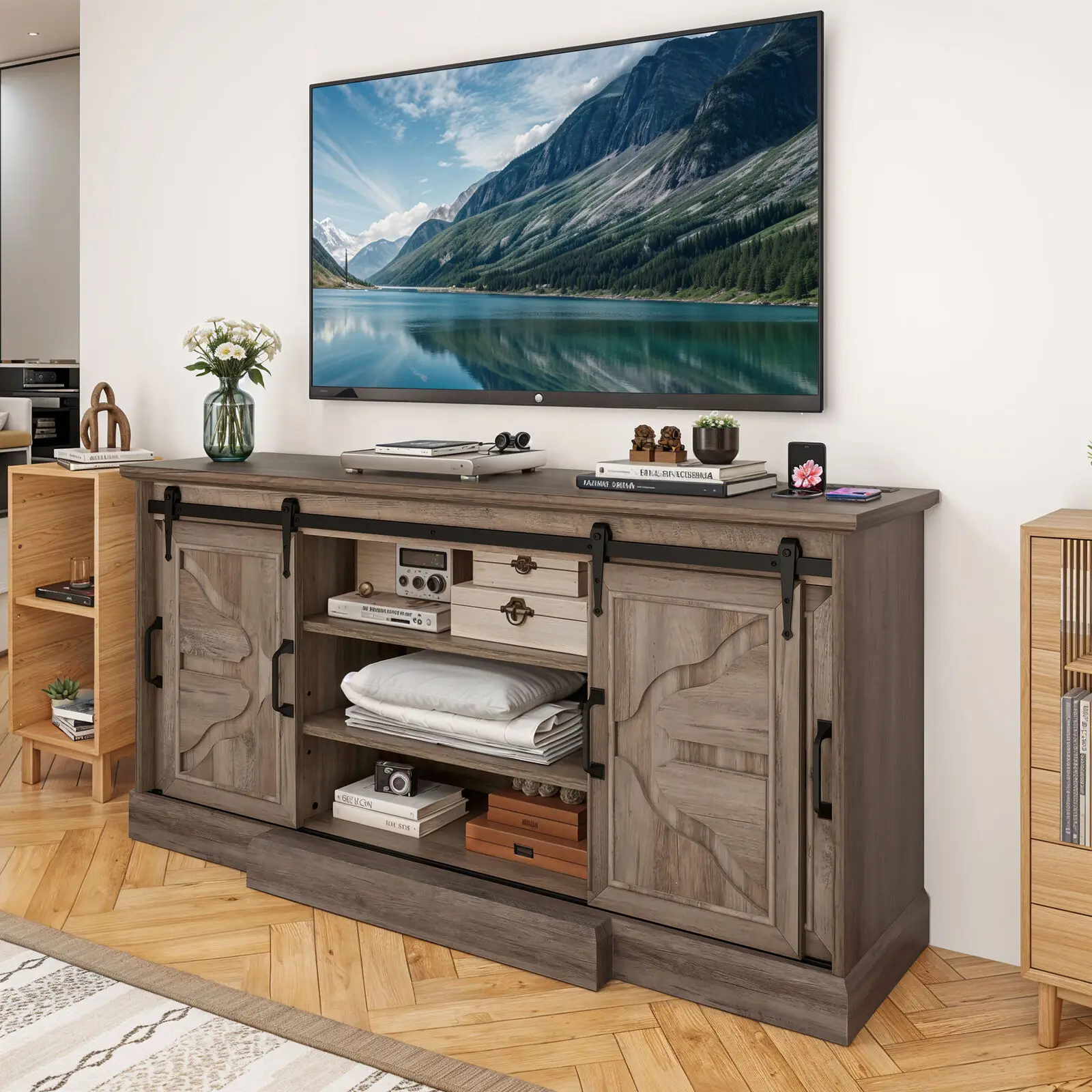 

TV Stand for 70 inch TVs Console With Power Outlets Sliding Barn Doors