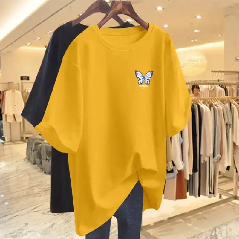 

Summer Casual Loose Pure Cotton Short Sleeve T-shirt Women Clothing Elegant Fashion Butterfly Print Top Tee Lady O-neck Pullover