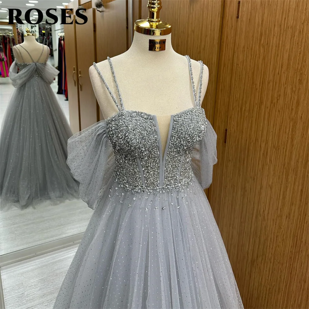 ROSES Grey Evening Dress Luxury Off Shoulder A-Line Prom Dress With Spaghetti Straps and Crystal Party Dress Beading Tulle 프롬드레스