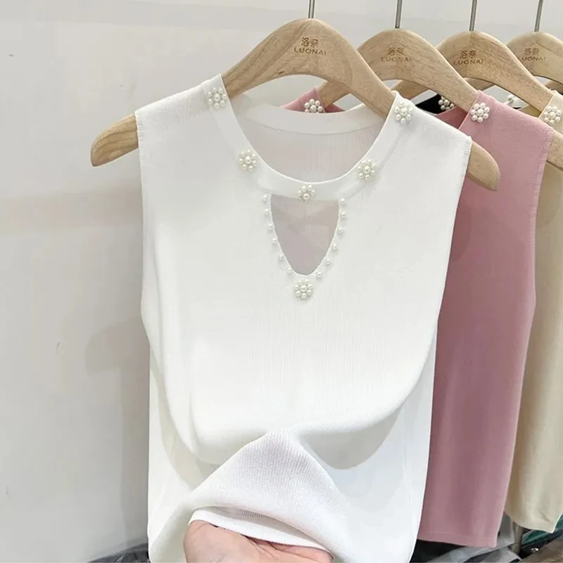 New Summer Elegant Fashion Hollow Out Beaded Knitted Vest Slim Female Clothes Casual All Match Tops Women Solid Sleeveless Tank