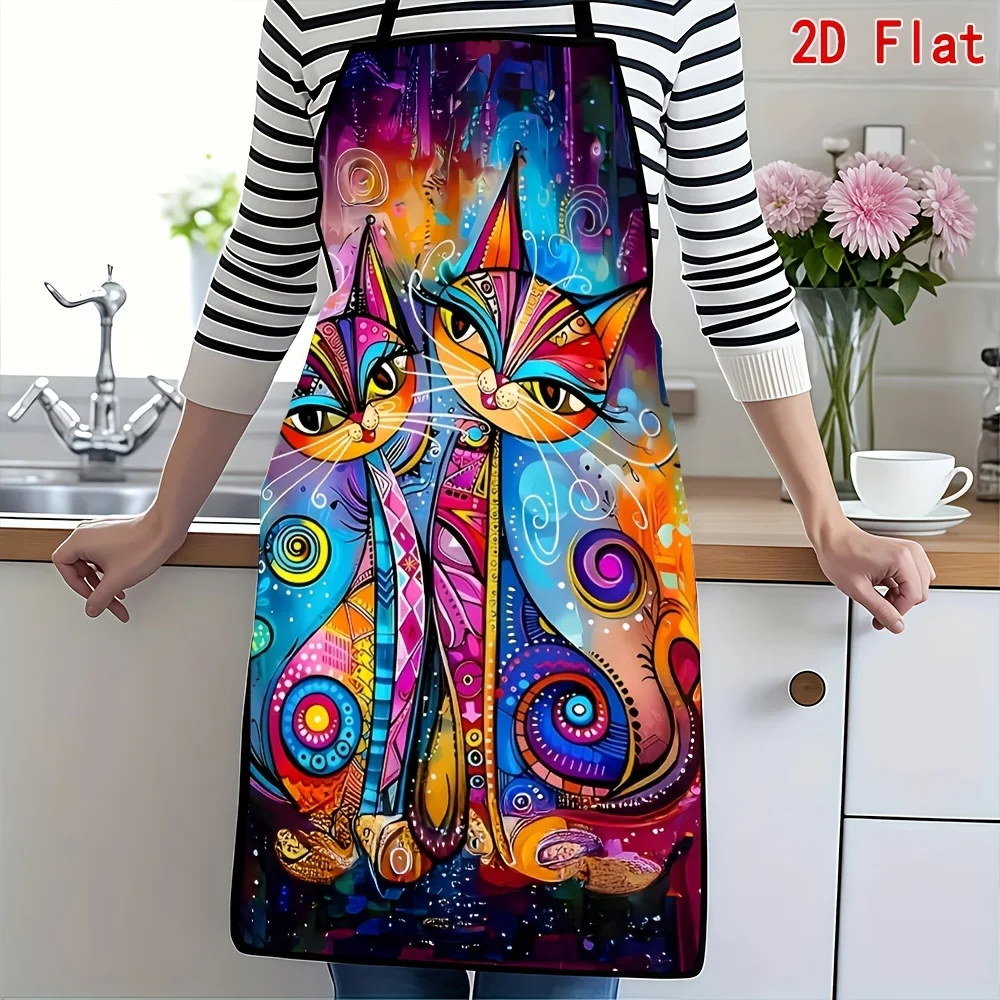 A Fantastical And Colorful Twin Cat Pattern Apron, Suitable for Both Men And Women, Perfect for Kitchen Baking, Outdoor Grilling