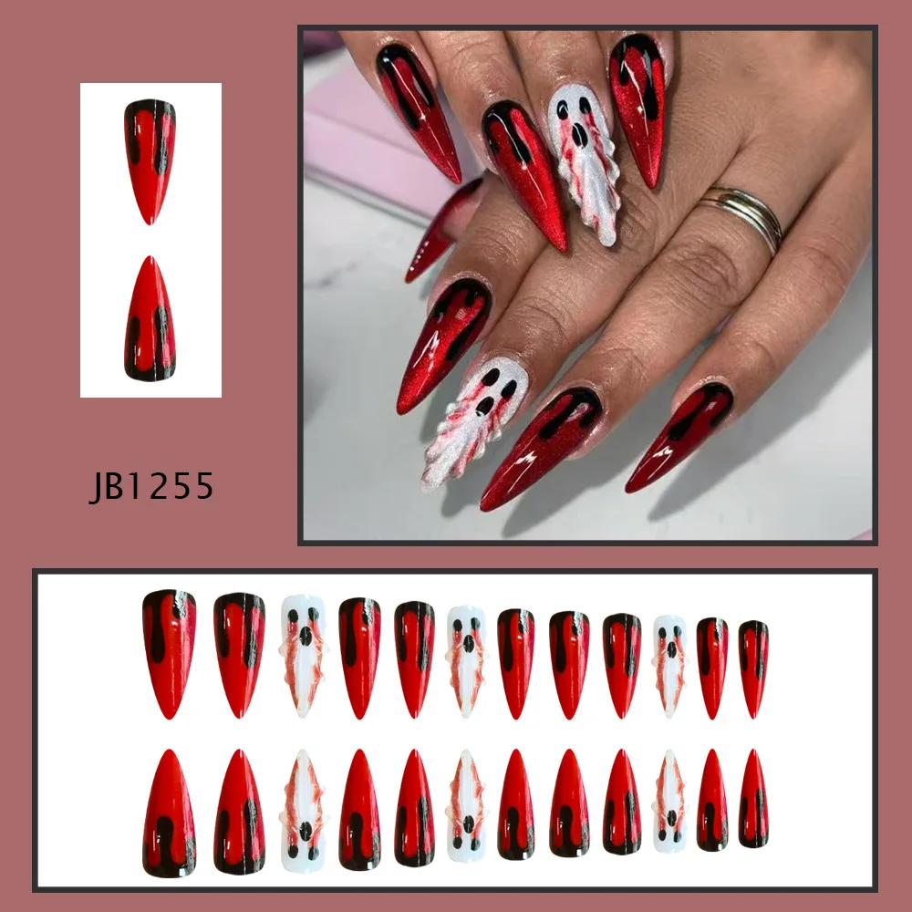 24pcs Gothic Punk Hallowween False Nails Black Red Gradient Long Pointed Ghost Press on Nails European Spicy Girls Fake Nails