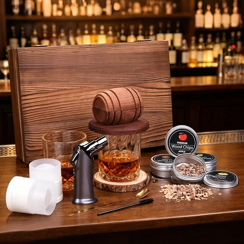 Whiskey Cocktail Smoke Set 6-Flavor Wood Chips 2 Wine Glasses 2 Ice Ball Molds Bar Accessories
