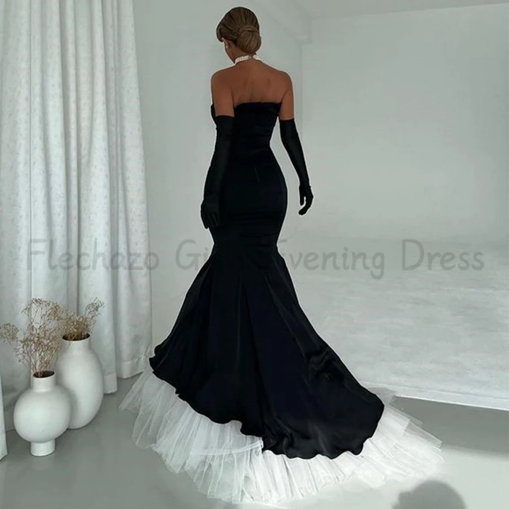 Flechazo Classic Black Mermaid Evening Dress Strapless Women Custom Made with Tulle Floor Length Party Gown for Wedding Banquet