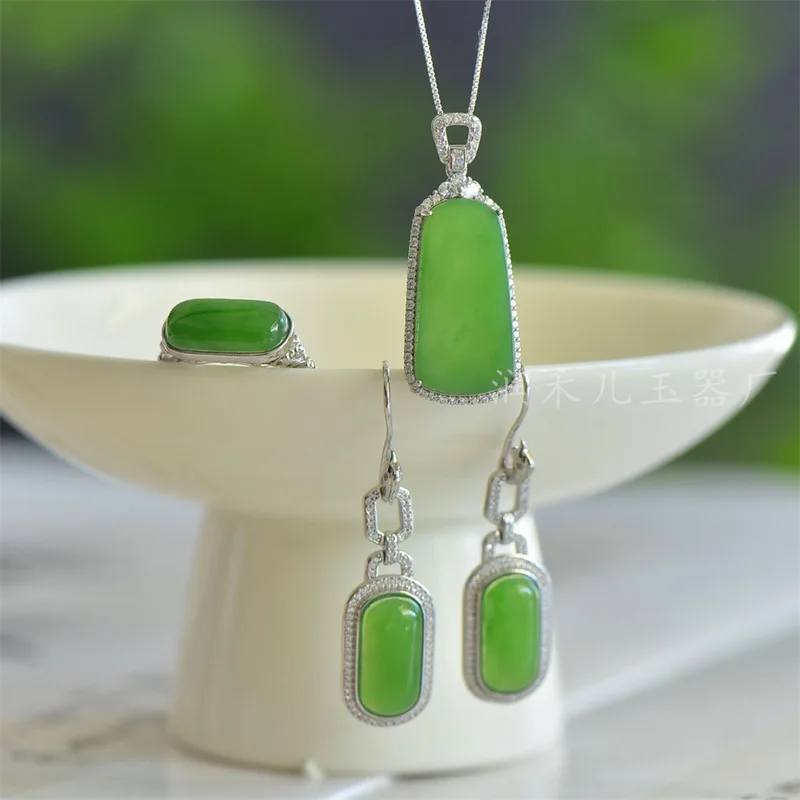 S925 Silver Inlaid With Hetian Jade, Bright Green Peace Amulet, Bridge-Shaped Pendant, Ring, And Earrings Three-Piece Set