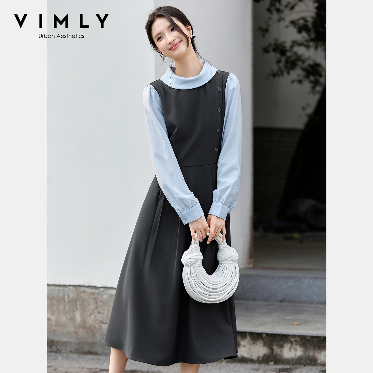 

VIMLY Long Dresses Woman 2025 Fall Casual Contrast Color Female Dress French Patchwork Puff Sleeve Loose Ladies Dresses A2985