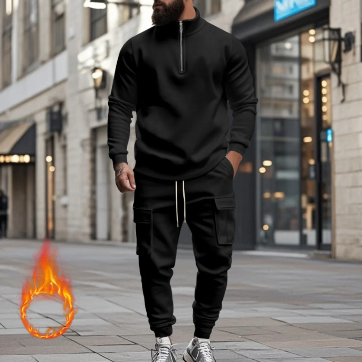 Men's 2025 Autumn/Winter Casual Fleece Half-Zip Standing Collar Sweatshirt And Fashion Street Style Sweatpants Work Pants Set