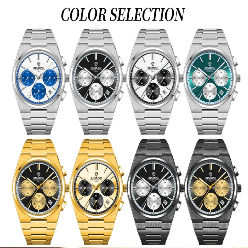 BINBOND 203 Men's Quartz Watch Three Eyes Six Needles Waterproof Luminous Calendar Luxury Fashion Men's Quartz Watch