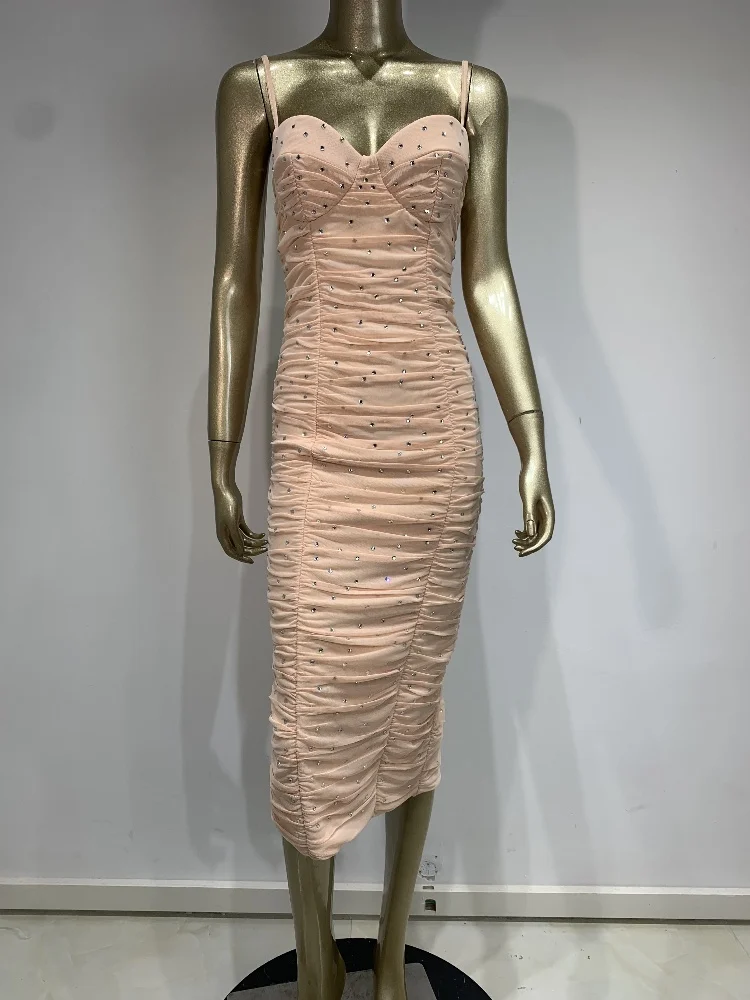 Ins Chique 2024 Sexy Crystal Mesh Ruches Zwart Nude Midi Bandage Bodycon Jurk Vrouwen Celebrity Rode Avond Feestjurk Vestido