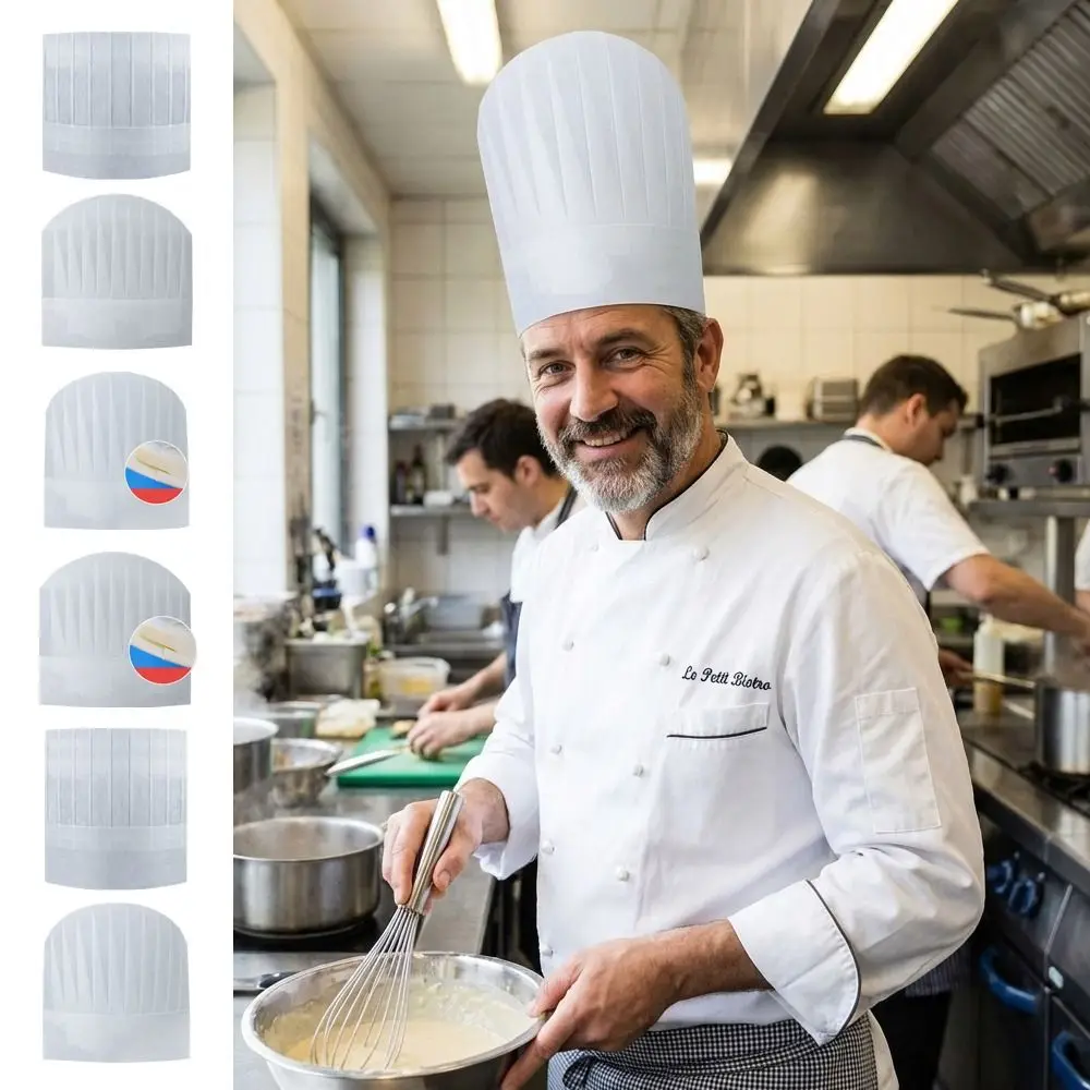 

20 шт. высококачественных одноразовых поварских колпаков из нетканого материала, белые, регулируемые, утолщенные, для приготовления пищи и выпечки