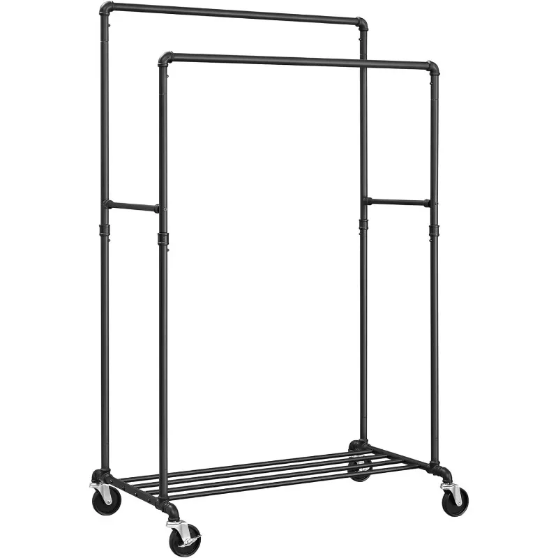 39.4 Inch Clothing Rack with Storage Shelf, Double-Rod Garment Rack on Wheels, Metal Frame, 2 Casters with Brakes