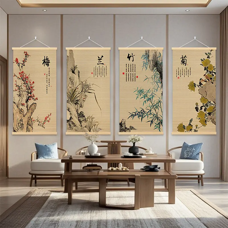 Home Decor Bamboo Scroll Wall Art Four Gentlemen Plum Orchid Bamboo Chrysanthemum Asian Zen Aesthetic for Tea Room Living Room