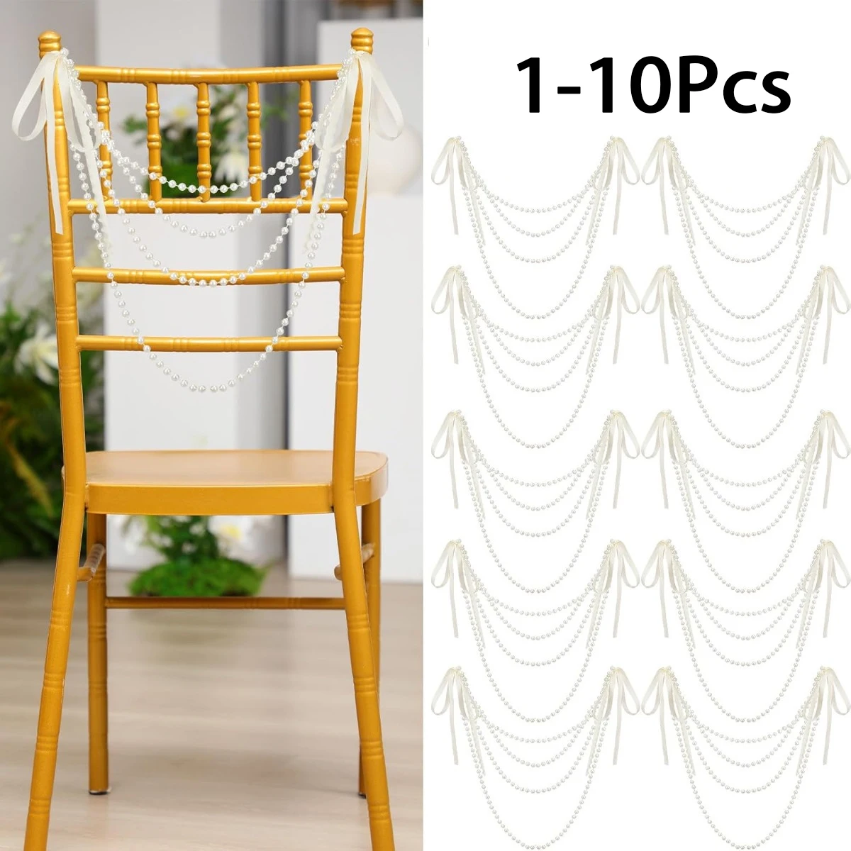 1-10 Piezas Lazos de Satén con Perlas para Decoración de Sillas de Boda, Lazos con Cuerda de Perlas y Guirnalda, Lazos para Sillas de Pasillo, Decoración para Fiestas