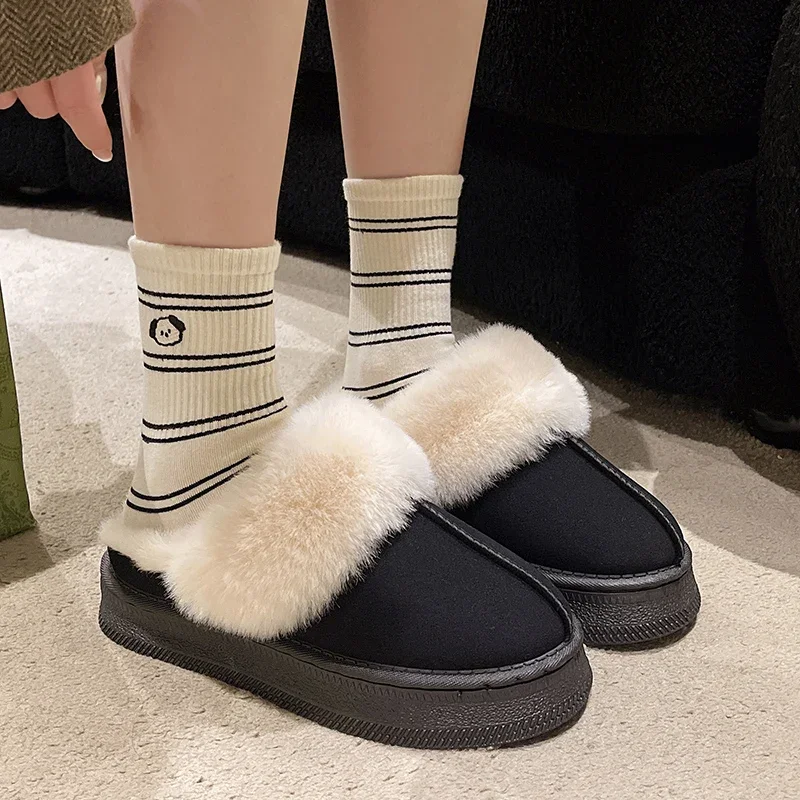 Platform Suede Flats Women Slippers Plush Warm Casual Snow Boots 2024 Winter Slingback Cozy Cotton Shoes Walking Chaussures Lady