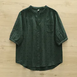 Enianechu Ladies Clothes Women Summer Chic Green Polka Dot Print Shirts and Blouses Pure Cotton Yarn Short Sleeve Tops