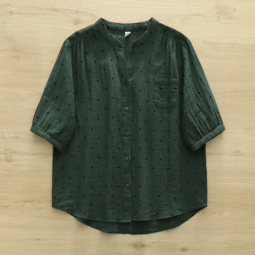 Imagen 1 del producto Enianechu, ropa para mujer, camisas y blusas con estampado de lunares verdes elegantes de verano para mujer, Tops de manga corta de hilo de algodón puro