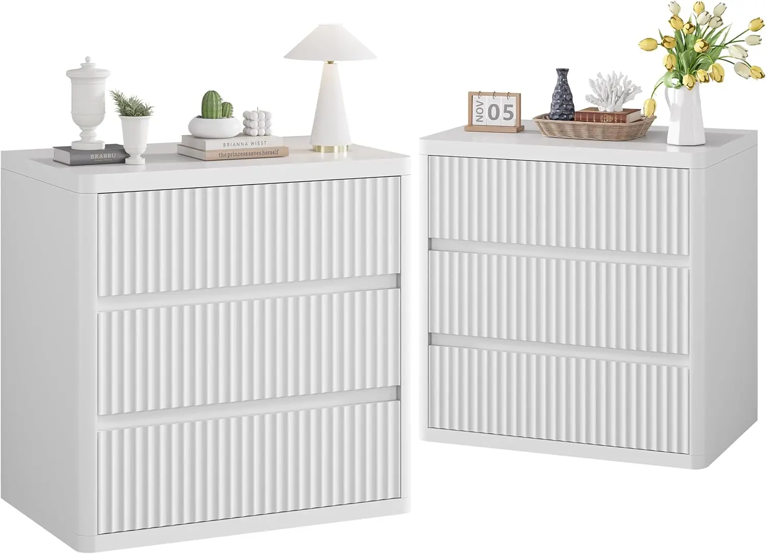 

3 Drawers Night Stand Set, Mid Century Modern Bed Side Table, Large Fluted End Table for Bedroom Living Room Sofa