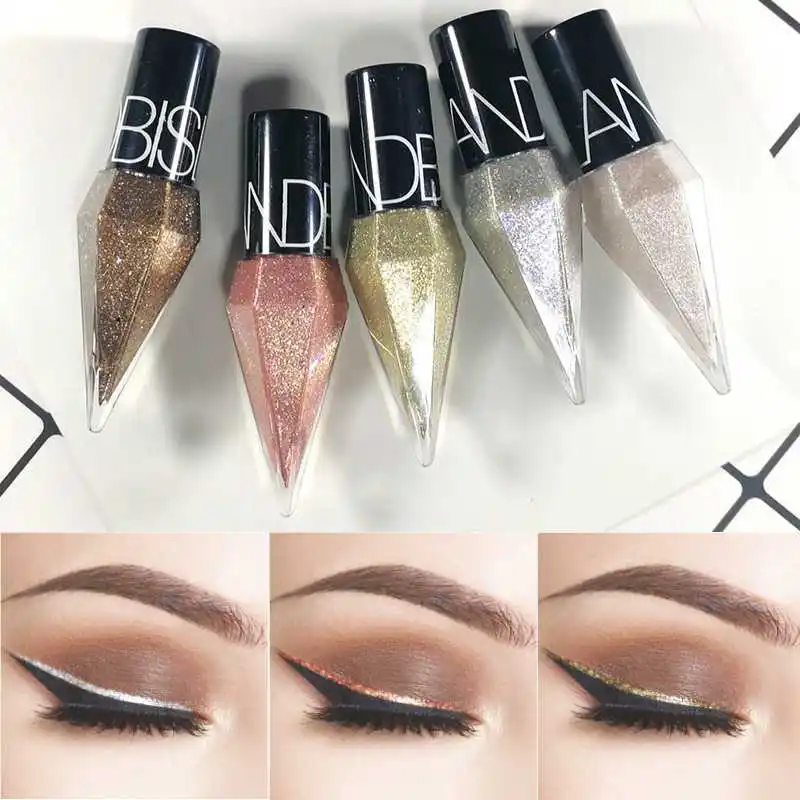 Sombra de ojos Diamante nacarado Sombra de ojos Líquido Lentejuelas de 5 colores Maquillaje Suave Mini pincel fino Delineador de ojos Brillo y cabeza