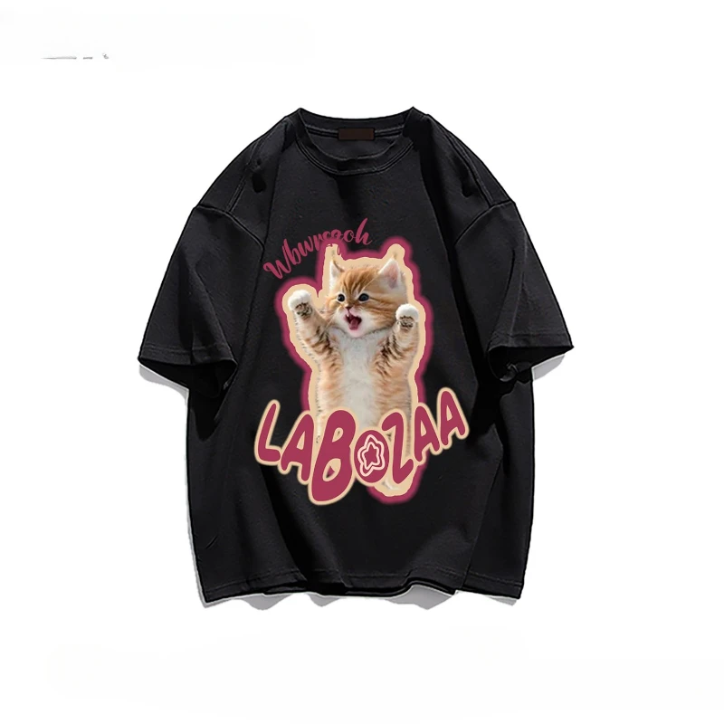 Harajuku Lazy Style Round Neck Kawaii Cats Print Short Sleeved for Women Summer Fashion Casual Versatile Couple T-shirts Tops