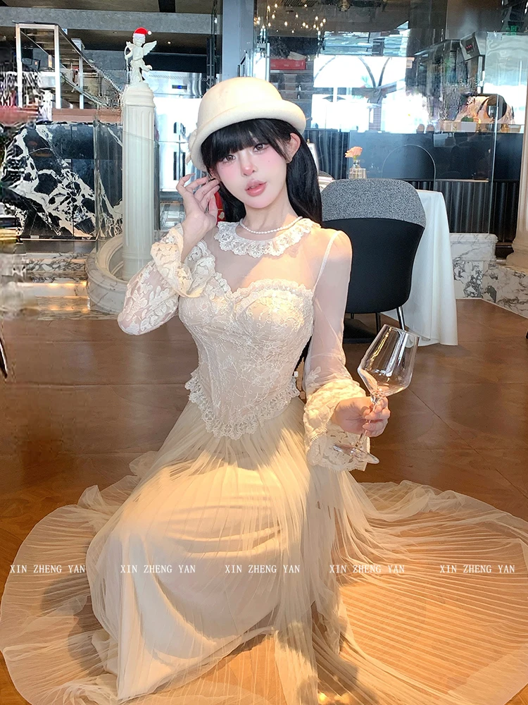 مزاجه الفرنسية الحلو الدانتيل كم طويل هيكل السمكة سليم الأعلى المرأة الخريف الشتاء أنيقة مأدبة عالية الخصر موضة الشاش تنورة