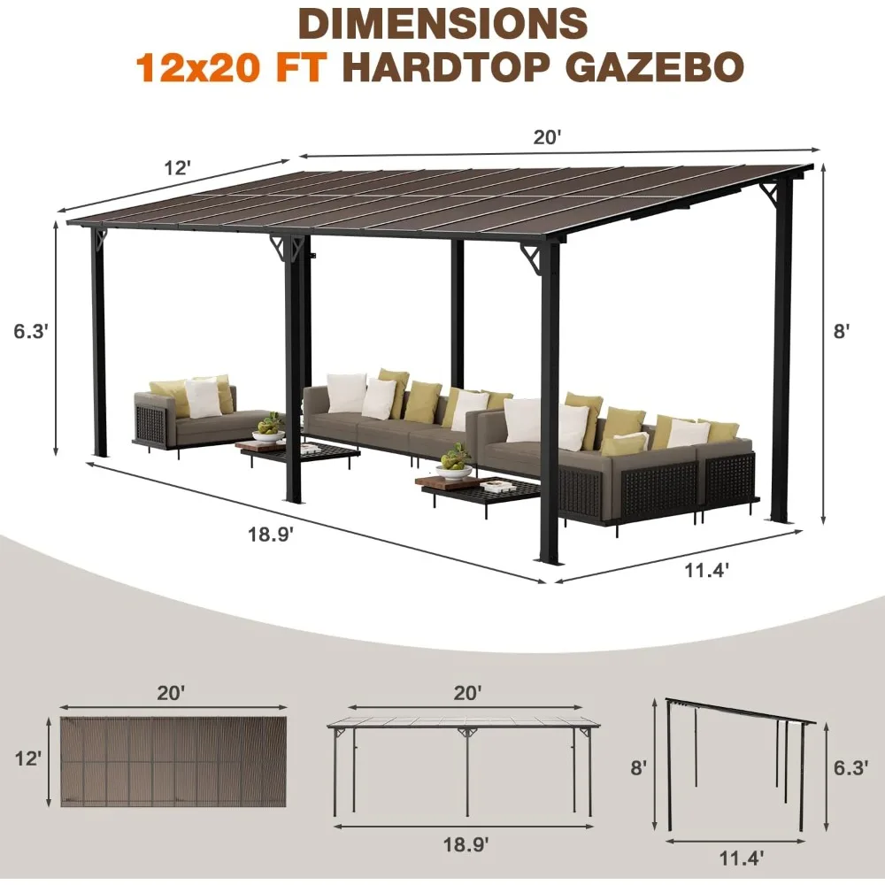 20' x 12' Gazebo,Large Wall Mounted Gazebo Pergola on Clearance, Lean to Gazebo with Sloped Roof, Heavy Duty Metal Awning Gazebo