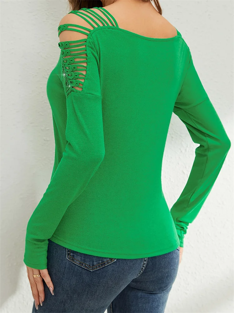 CHRONSTYLE T-shirt da donna con scollo a V Top scava fuori manica lunga con strass Slim Fit Sparkle Tees Camicie Primavera Autunno Streetwear 2025