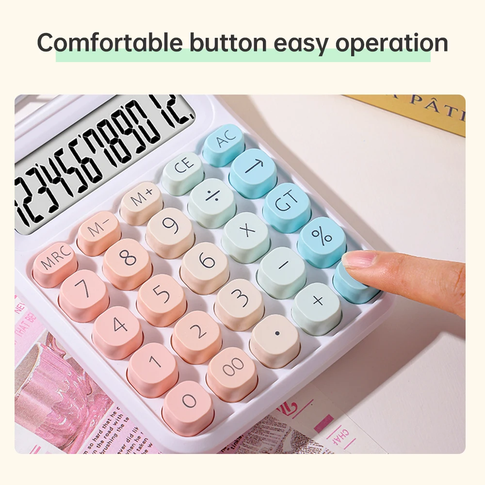 Calculator 12 Digit Large LCD Display Big Round Button Gradient Candy Colored Dual Power Supply Calculator for Office School