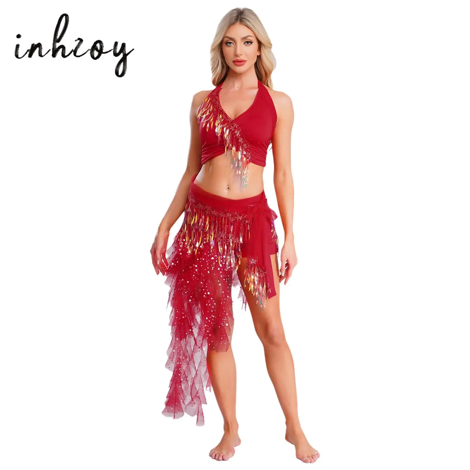 

Womens Belly Dance Outfit Gradient Sequins Lace-up Crop Top+Hip Scarf Cascading Split Sequined Tulle Skirt and Safety Shorts Set