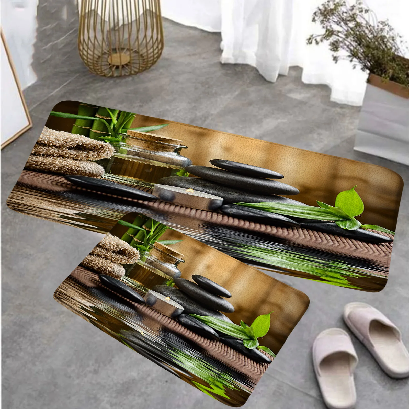 Zen Green Bamboo Kitchen Floor Mat Set Lotus Candle Black Massage Stone Spa Scenic Home Room Decor Carpet Non-Slip Rug Bath Mats