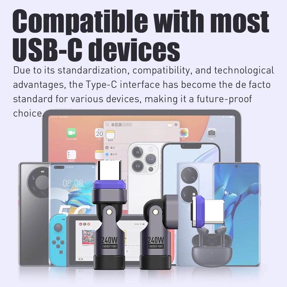 Adattatore magnetico USB C Adattatore da 90 gradi PD 240W Adattatore ad angolo retto di tipo C Connettore USB C da 180 gradi Adattatore da USB C a USB C
