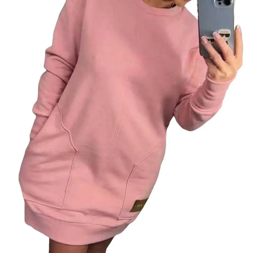 Casual sweatshirt Stijlvolle damessweatshirtjurk met zakken Casual mini-jurk met ronde hals en lange mouwen voor dagelijks gebruik Effen