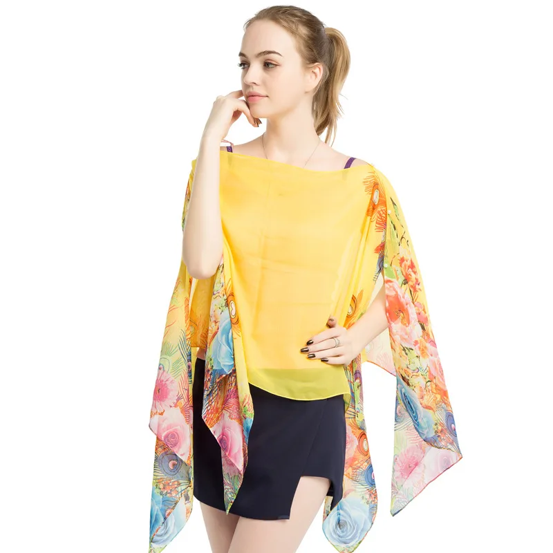 2022 New Summer Women Sunshade Printed Silk Scarf Creative Pearl Buckle Pullover Chiffon Shirt Sunscreen Shawl Yellow