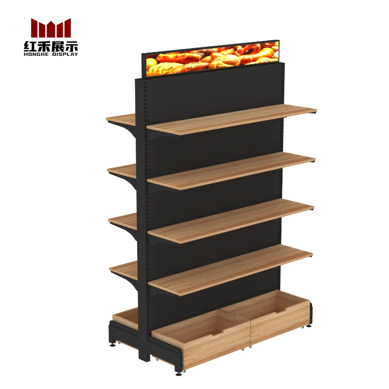 Custom.Hong He Multifunctional Wooden Grocery Store Display Shelves Retail Store Display Shelf for Supermarket