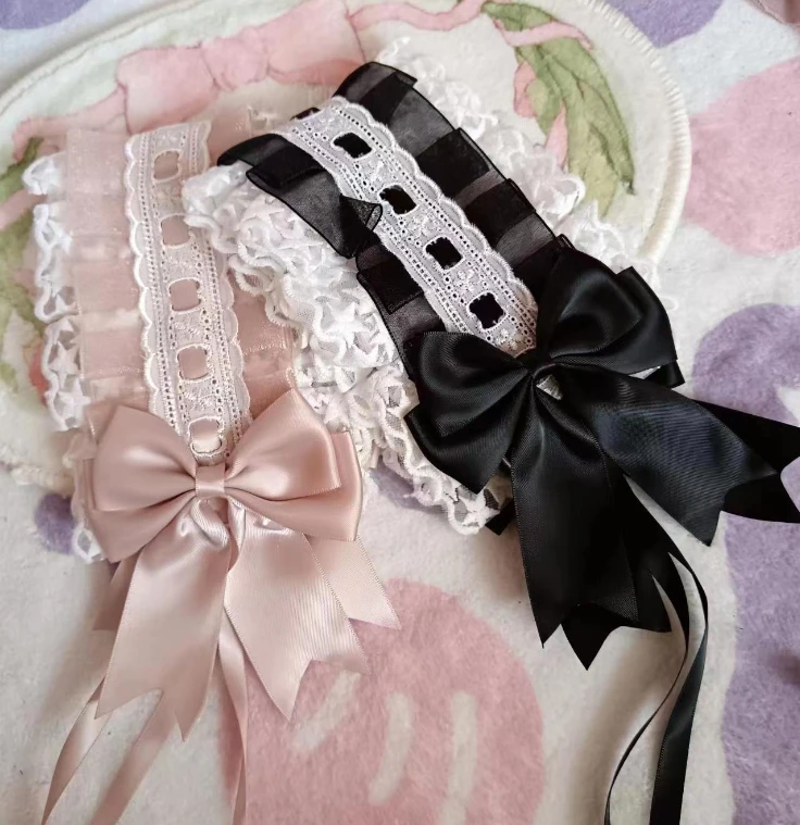 Anime Maid Lolita Headband Sweet Hair Accessory With Ruffled Lace Star Embroidery Ribbon Bow Cosplay Headdress With Hairpins