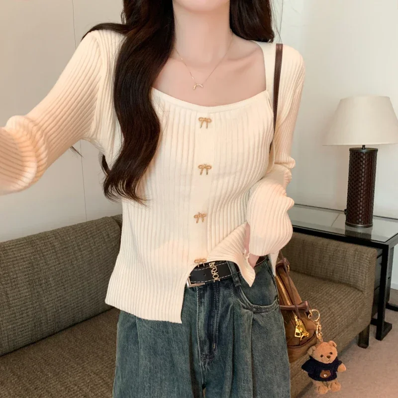 Hot Girls Square Neck Bow Knit Tops Women Autumn New Versatile Design Niche Slim Bottom Pullovers Female Y2k Clothes