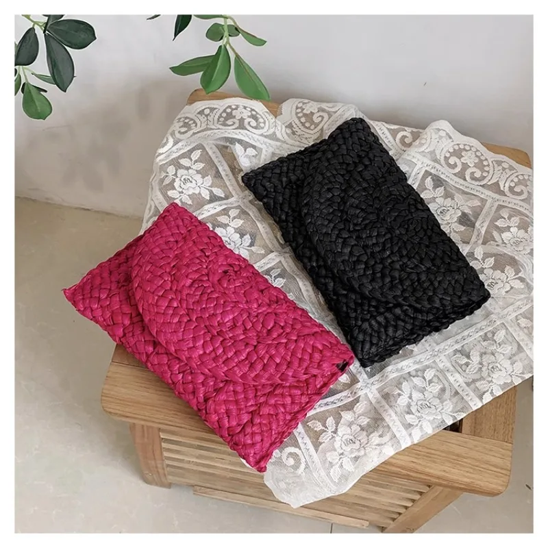 Chic Woven Clutches Women Corn Husk Straw Hand Bag Vintage Handmade Lady Beach Party Handbag