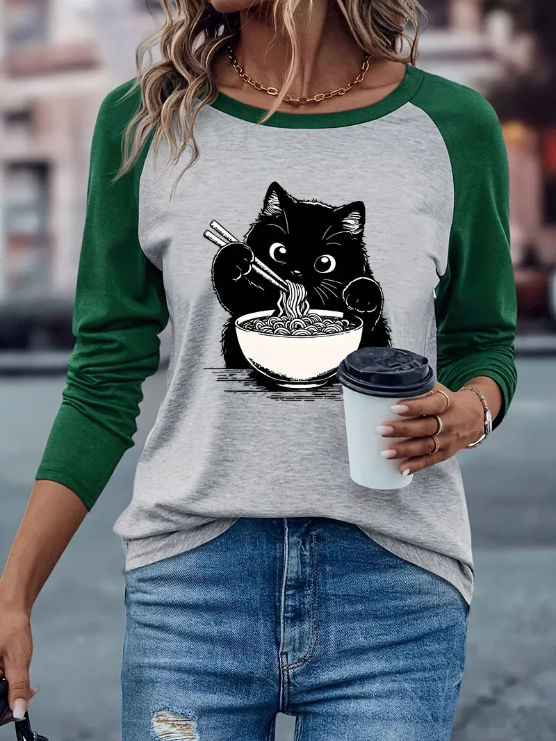Retro Funny Japanese Style Ramen Cat Casual T-shirt Long Sleeve Winter Autumn Graphic Trendy Cat Print Soft T Shirt Women