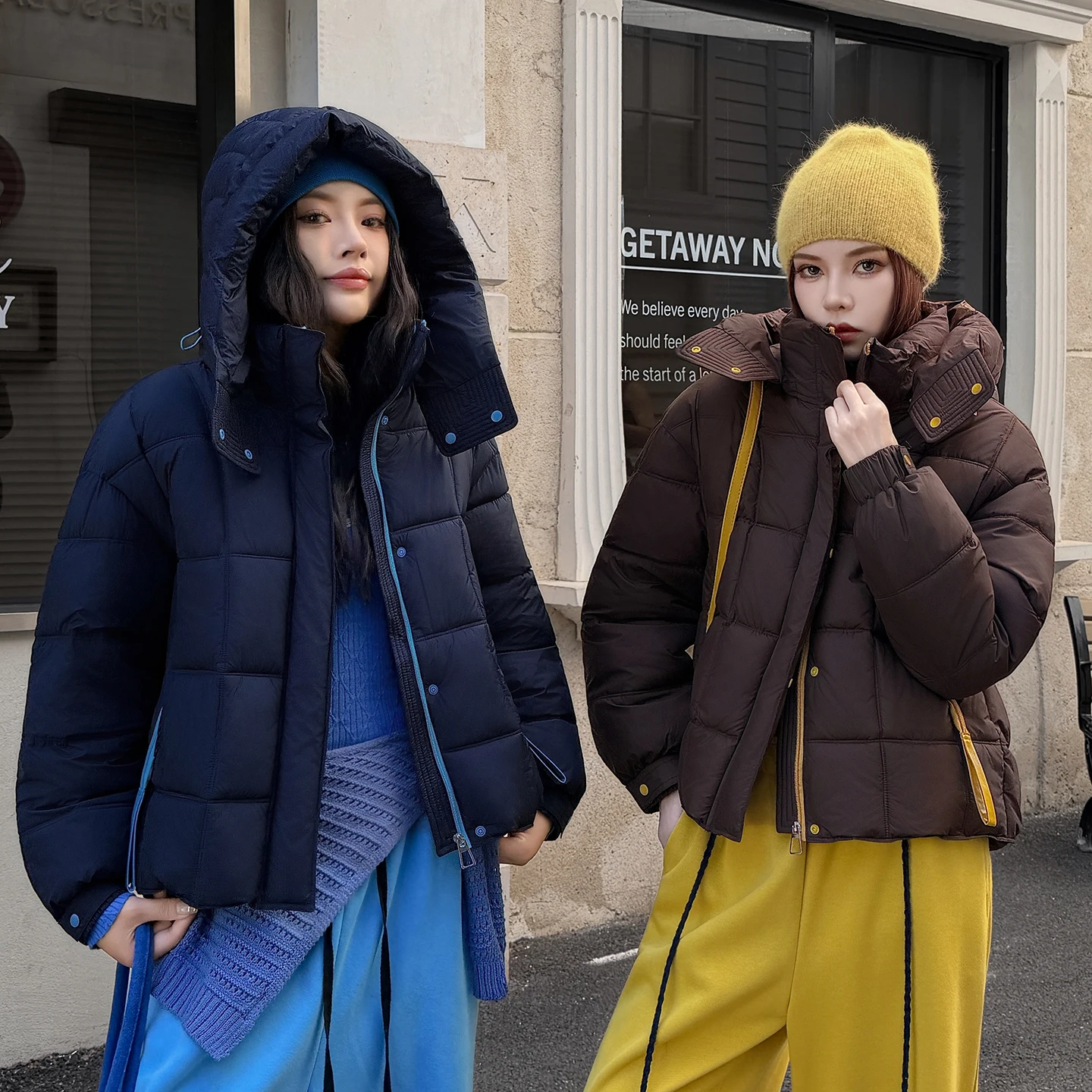 2026 New Women's Contrasting Colors Parka Jacket Winter Warm Square Quilted Coat Casual Elastic Cuff Zipper Pockets Outerwear